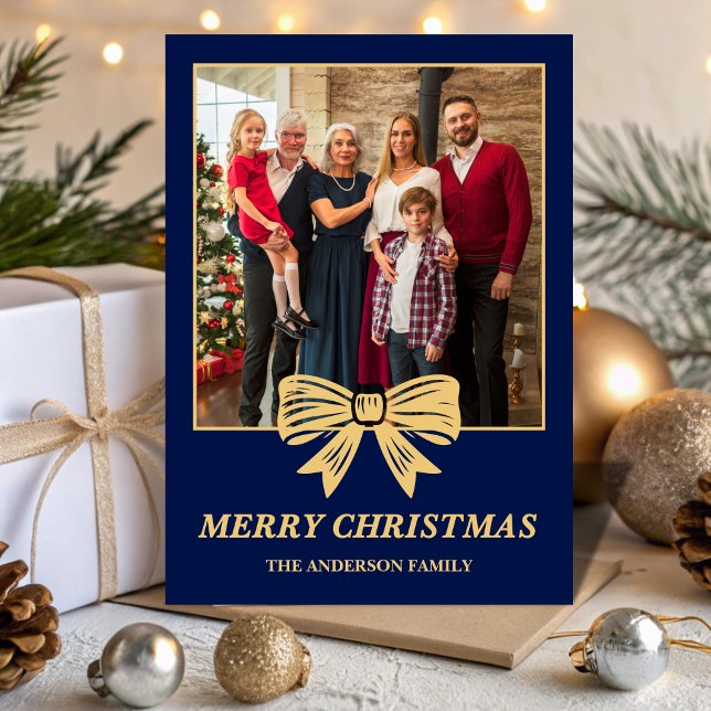 Budget Navy Blue & Gold Bow Family Christmas Photo Julkort (Skapare uppladdad)
