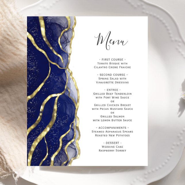 Budget Navy Blue Gold Ink Wedding Menu (Skapare uppladdad)