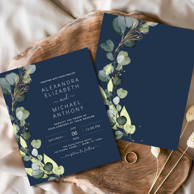 Budget Navy Blue Greenery Eucalyptus Bröllop Flygblad (Skapare uppladdad)