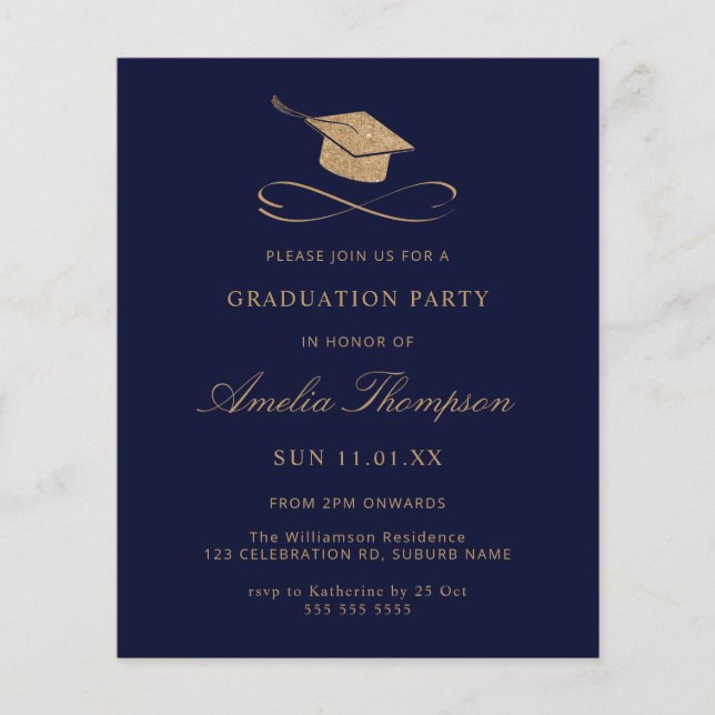 Budget Navy Blue & Guld Glitter Studenten Inbjudan (Framsida)