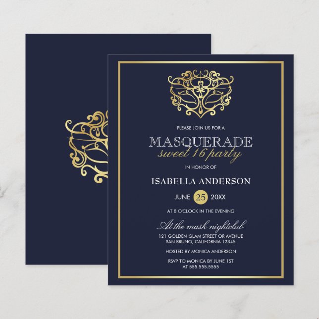 Budget Navy Blue & Guld Masquerad Sweet 16 Party (Fram/baksida)