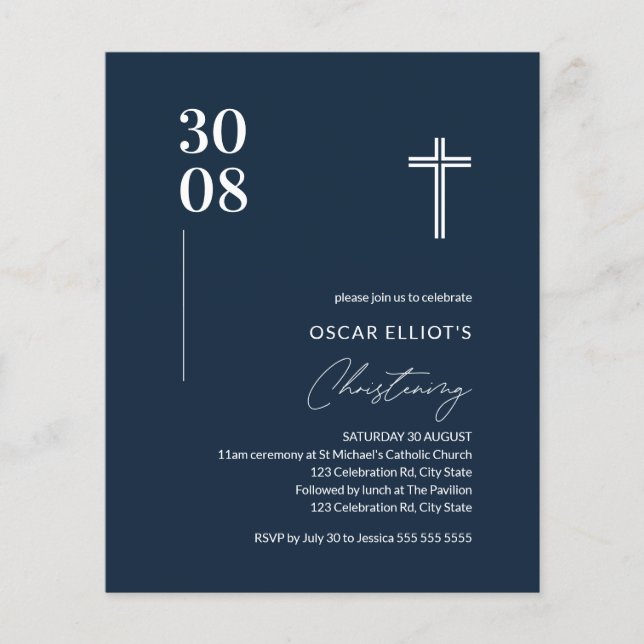 Budget Navy Blue Minimalist Boy Christening Inbjud (Framsida)
