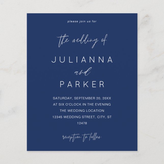 Budget Navy Blue MOD Calligraphy Bröllop Flygblad (Framsidan)