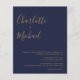 Budget Navy Blue Och Guld Foto Bröllopsinbjudan