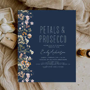 Budget Navy Blue Petals & Prosecco Möhippa Flygblad