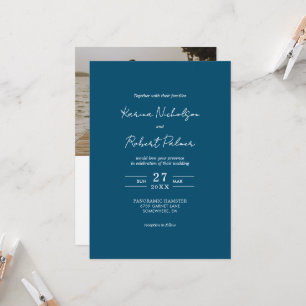 Budget Navy Blue Photo QR Code OSA Bröllop Inbjudningar