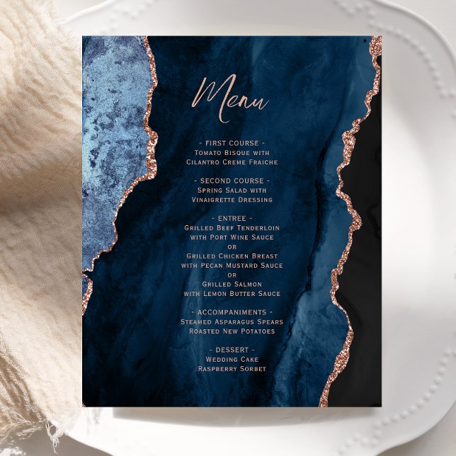 Budget Navy Blue Rose Gold Agate Wedding Menu (Skapare uppladdad)