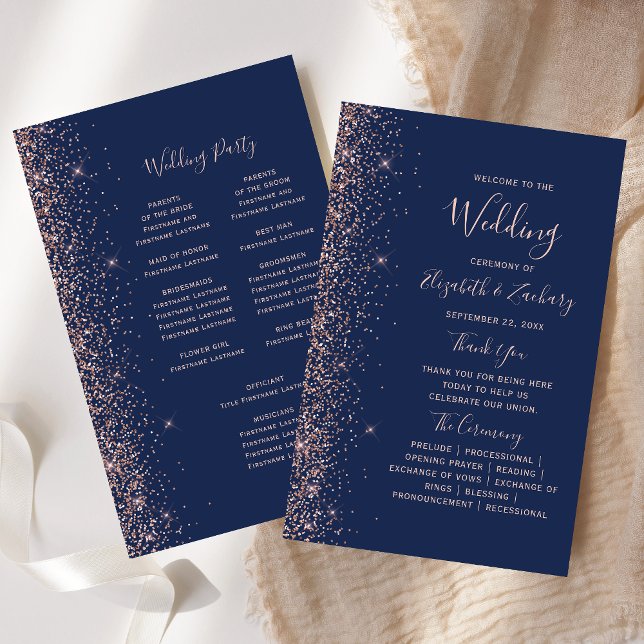 Budget Navy Blue Rose Gold Glitter Wedding Program (Skapare uppladdad)