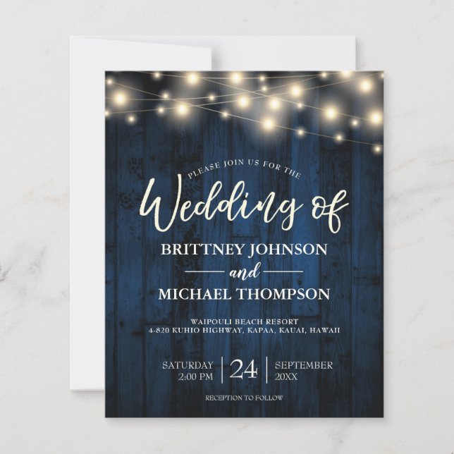 Budget Navy Blue Rustiing String Ljus Wood Inbjuda (Framsida)