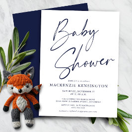 Budget Navy Blue Script Boy Baby Shower-inbjudan