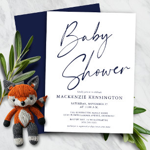 Budget Navy Blue Script Boy Baby Shower-inbjudan
