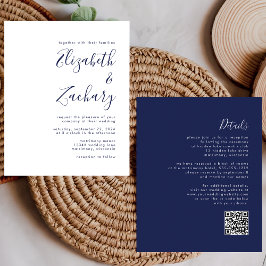 Budget Navy Blue Script QR-kod Bröllopsinbjudan