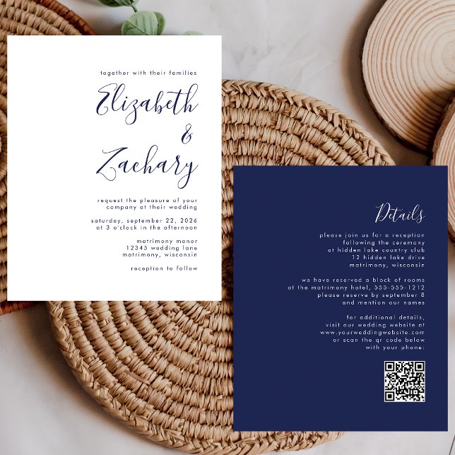 Budget Navy Blue Script QR-kod Bröllopsinbjudan (Skapare uppladdad)
