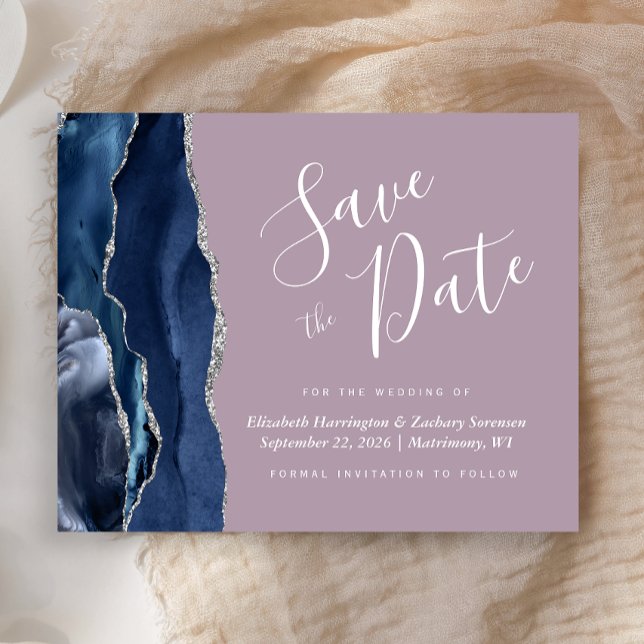 Budget Navy Blue Silver Agate Mauve Save the Date (Skapare uppladdad)