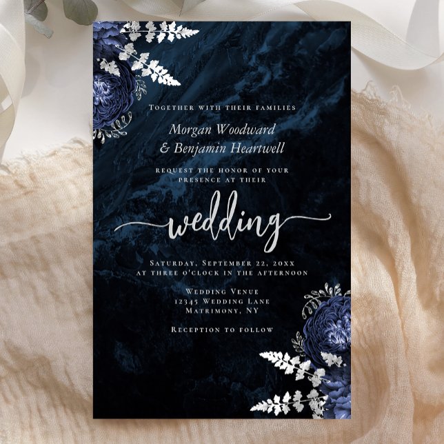 Budget Navy Blue Silver Floral Wedding Invitation (Skapare uppladdad)