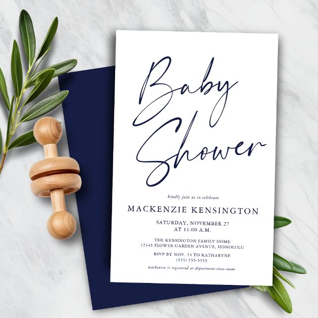 Budget Navy Blue Simple Script Baby Shower (Budget Navy Blue Simple Script Baby Shower Invite)