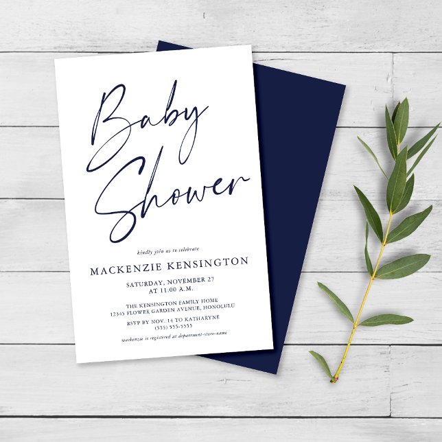 Budget Navy Blue Simple Script Baby Shower FLYER (Skapare uppladdad)