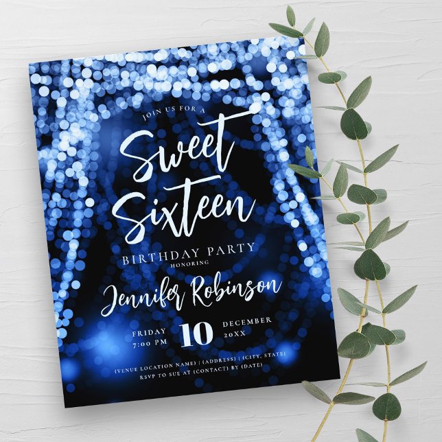 Budget Navy Blue String Ljus Sweet 16 Inbjudan Flygblad (Budget Navy Blue String Lights Sweet 16 Invite Flyer)
