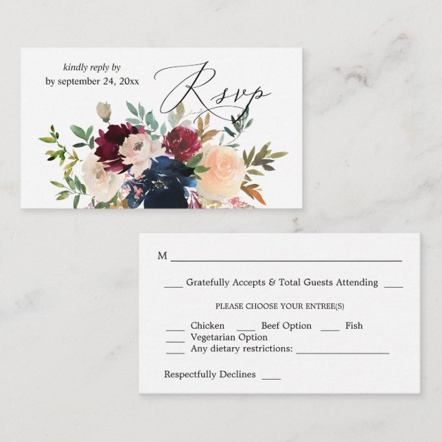 Budget Navy, Burgundy, Rosa Blommigt 2SM Meal OSA Tilläggskort (Fram/baksida)