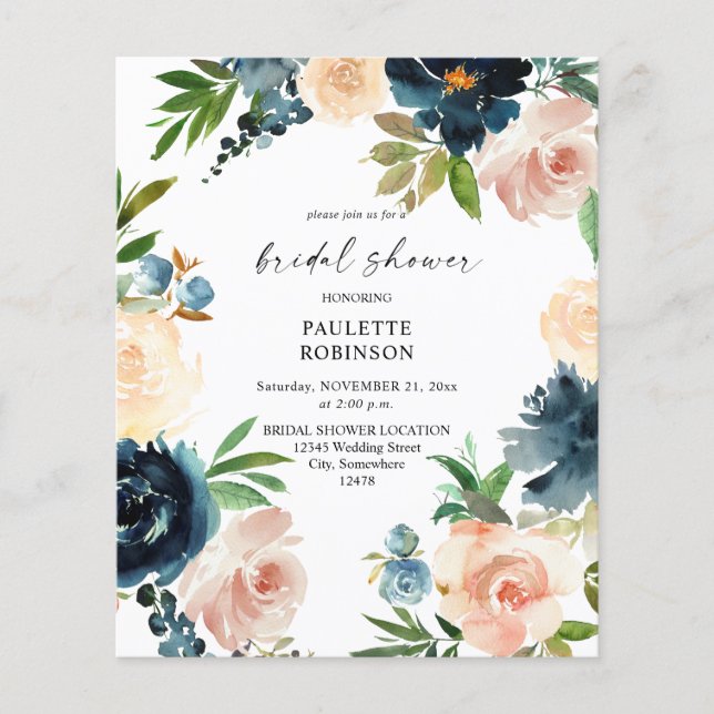 Budget Navy & Damblå, Rosa Bröllopsdusch Flygblad (Framsidan)