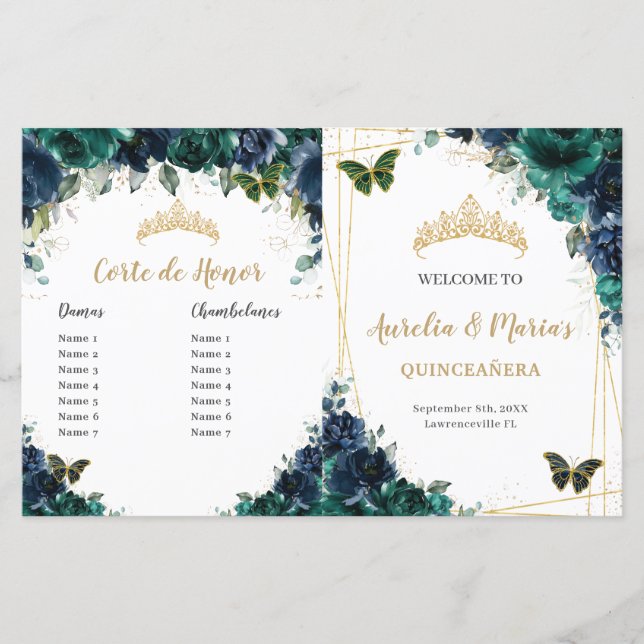 Budget Navy Emerald Blommigt Quinceañera Program (Framsida)