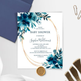 Budget Navy Flowers & Guld Baby Shower-inbjudan