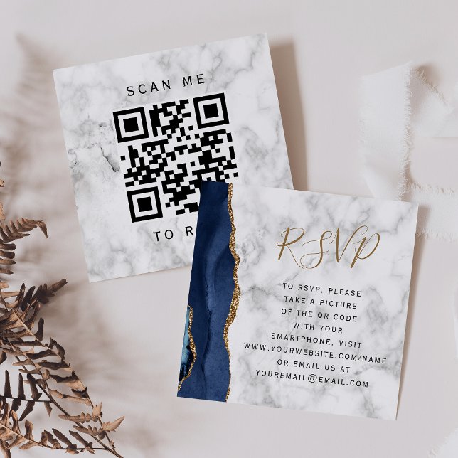 Budget Navy Gold Agate Marble Bröllop QR Code RSVP Tilläggskort (Skapare uppladdad)