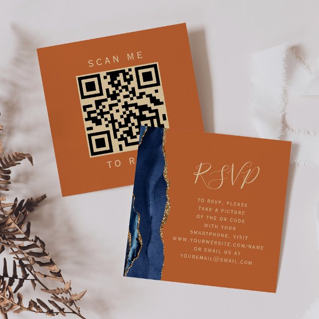 Budget Navy Gold Agate Orange Bröllop QR Code RSVP Tilläggskort (Skapare uppladdad)