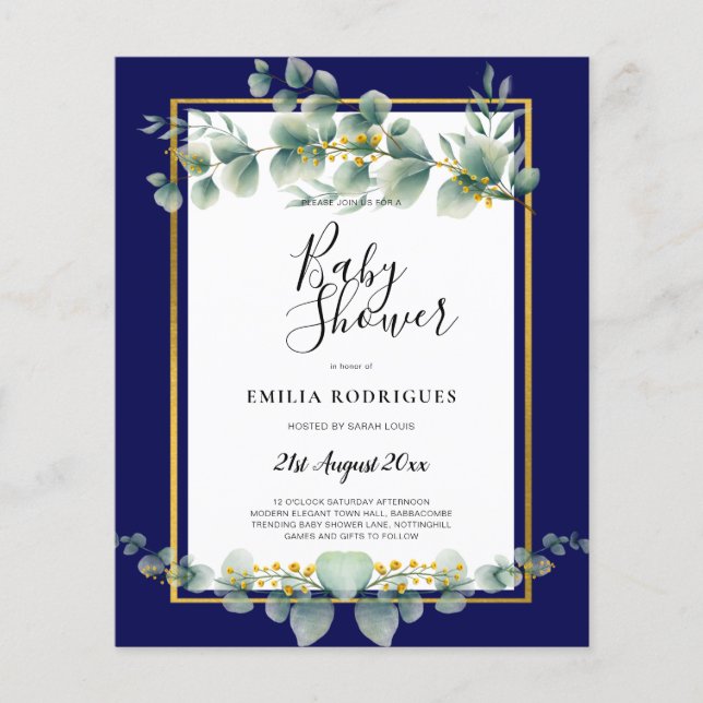 BUDGET NAVY GULD Greenery Eucalyptus BABY SHOWER Flygblad (Framsidan)