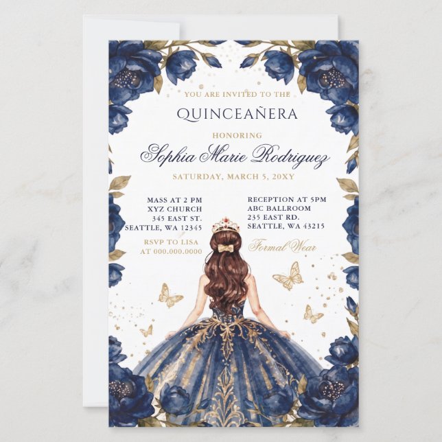 Budget Navy Guld Prinsessa Blommig Tiara Quinceañe (Framsida)
