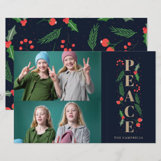 Budget Navy Holly Berry Peace Photo Helgdag Card