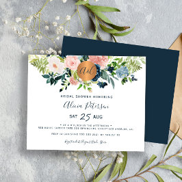 Budget navy rosa blomster bröllopsfest inbjudan