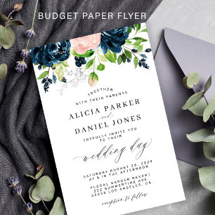 Budget navy rosa elegant blomsterlig vigselinbjuda flygblad