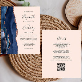 Budget Navy Rose Gold Agate Blush QR-kod Bröllop
