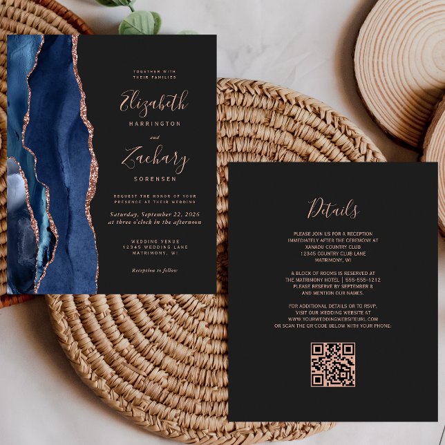 Budget Navy Rose Gold Agate Mörk QR-kod Bröllop (Skapare uppladdad)