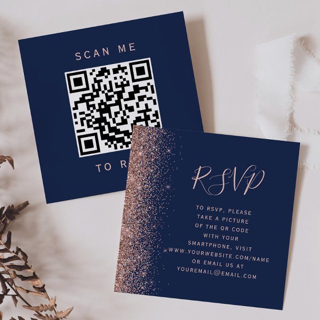 Budget Navy Rose Gold Glitter Bröllop QR Code RSVP Tilläggskort (Skapare uppladdad)