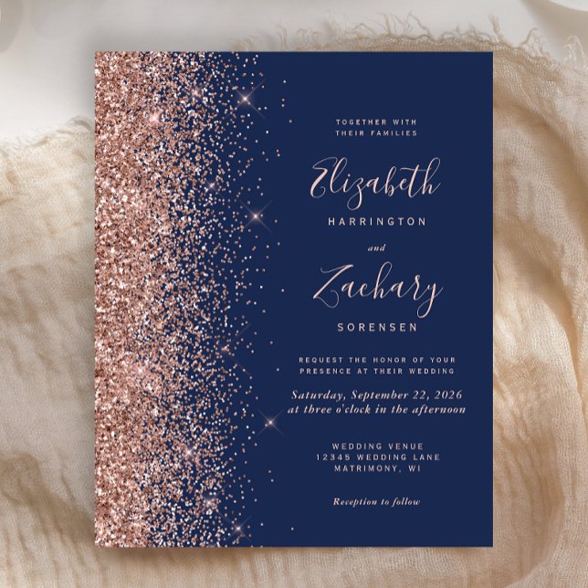 Budget Navy Rose Gold Glitter Bröllopsinbjudan (Skapare uppladdad)