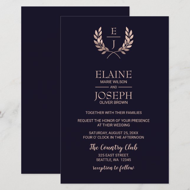 Budget Navy Rose Gold Monogram Bröllopsinbjudninga (Fram/baksida)