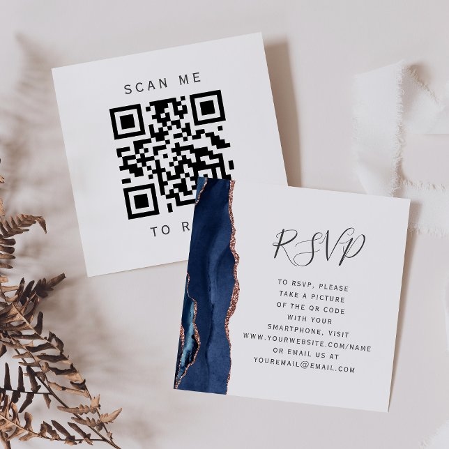 Budget Navy Rose Guld Agat Bröllops QR-kod RSVP Tilläggskort (Skapare uppladdad)