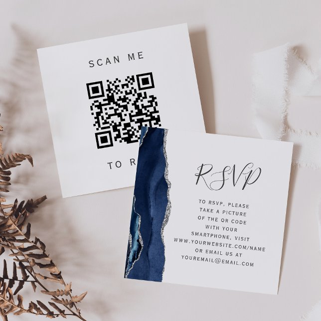 Budget Navy Silver Agate Bröllops QR-kod RSVP Tilläggskort (Skapare uppladdad)