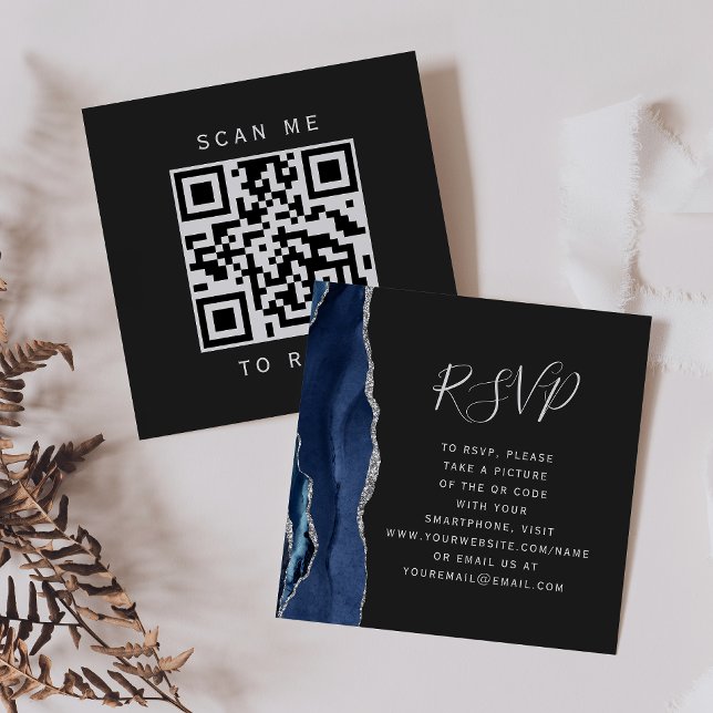 Budget Navy Silver Agate Mörkt Bröllop QR-kod RSVP Tilläggskort (Skapare uppladdad)