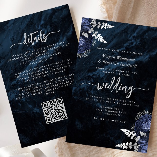 Budget Navy Silver Floral QR Code Wedding Invite (Skapare uppladdad)