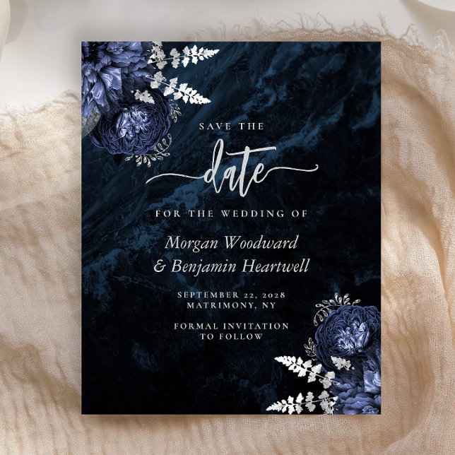 Budget Navy Silver Floral Wedding Save the Date (Skapare uppladdad)
