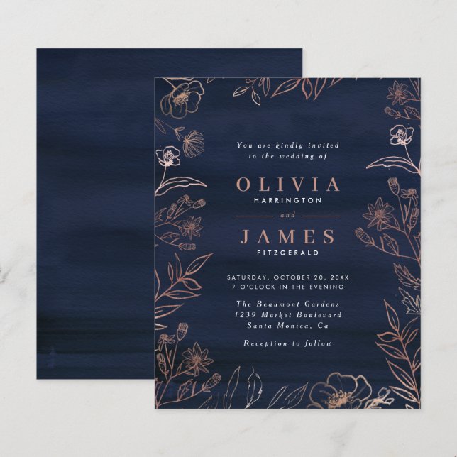 Budget Navy Watercolor & Ro Guld Blommigt Bröllop (Fram/baksida)
