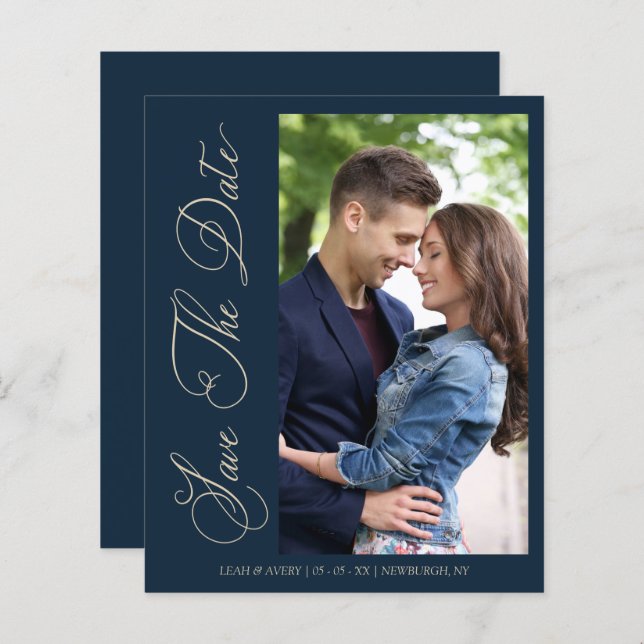 Budget Navy Wedding Photo Wimshical Script  (Fram/baksida)