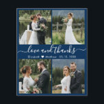 Budget Navy White Photo Collage Bröllop Tack<br><div class="desc">Elegant, minimalistisk marin och vit hand, skriven med 4 fotokollage personlig bröllop, tack vare att du har personlig till ett billigt THIN-kort med låg budget. ***NOTERA, RULLA NEDÅT FÖR MER INFORMATION!** Snyggt bröllop tackar dig för kortmallen med fyra (4) foto på framsidan och ett (1) foto på baksidan. Med texten...</div>