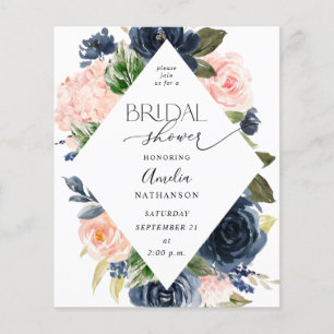 Budget Navyblå & Blush Rosa Blommig Bröllopsdusch Flygblad