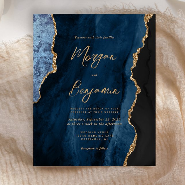 Budget Navyblå Guld Agat Script Bröllopsinbjudan (Skapare uppladdad)