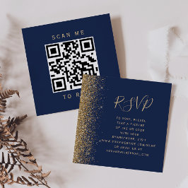 Budget Navyblå Guld Glitter Bröllops QR-kod RSVP Tilläggskort