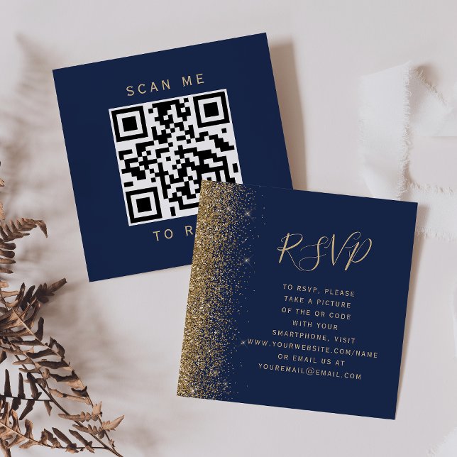 Budget Navyblå Guld Glitter Bröllops QR-kod RSVP Tilläggskort (Skapare uppladdad)